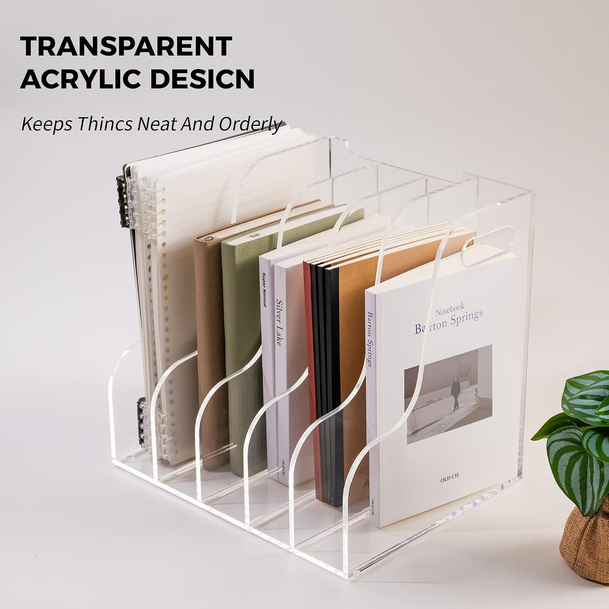5 Vertical Compartments File Holder, Clear Acrylic Desk Organizer and Storage Bins Holding for Magazines, Binders, Notebooks, Envelopes, Multi-purpose Document Organizer for Home Office