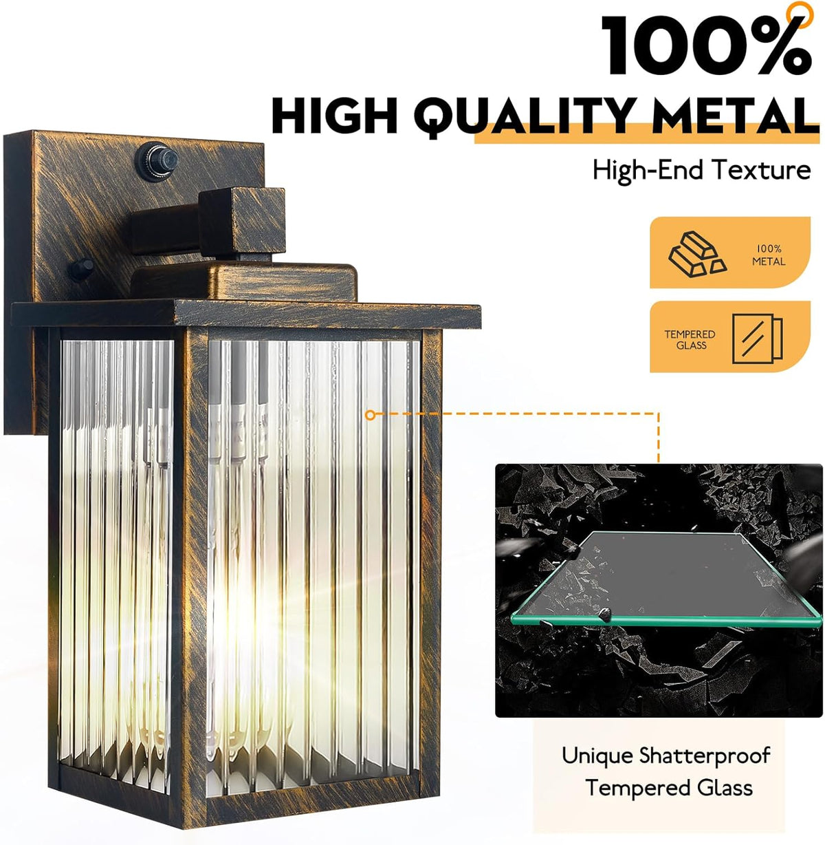 Outdoor Wall Light with Dusk to Dawn Sensor, Waterproof Exterior Light for House Porch and Garage, Black Brush Gold Metal Wall Sconce with Textured Glass