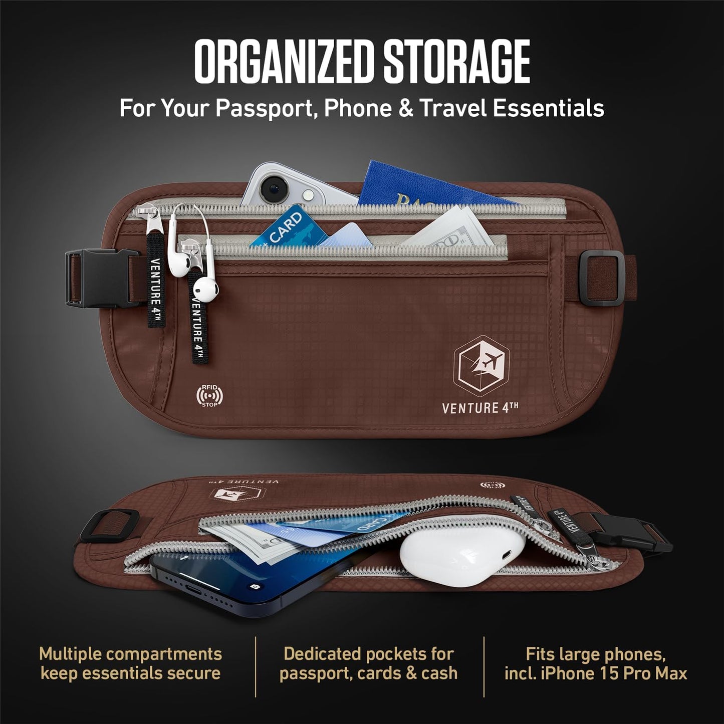 VENTURE 4TH Money Belt for Travel – Slim Hidden Under-Clothes RFID Blocking Anti-Theft Passport Holder & Travel Wallet Pouch for Men & Women to Protect Cash, Cards & Documents (Brown)