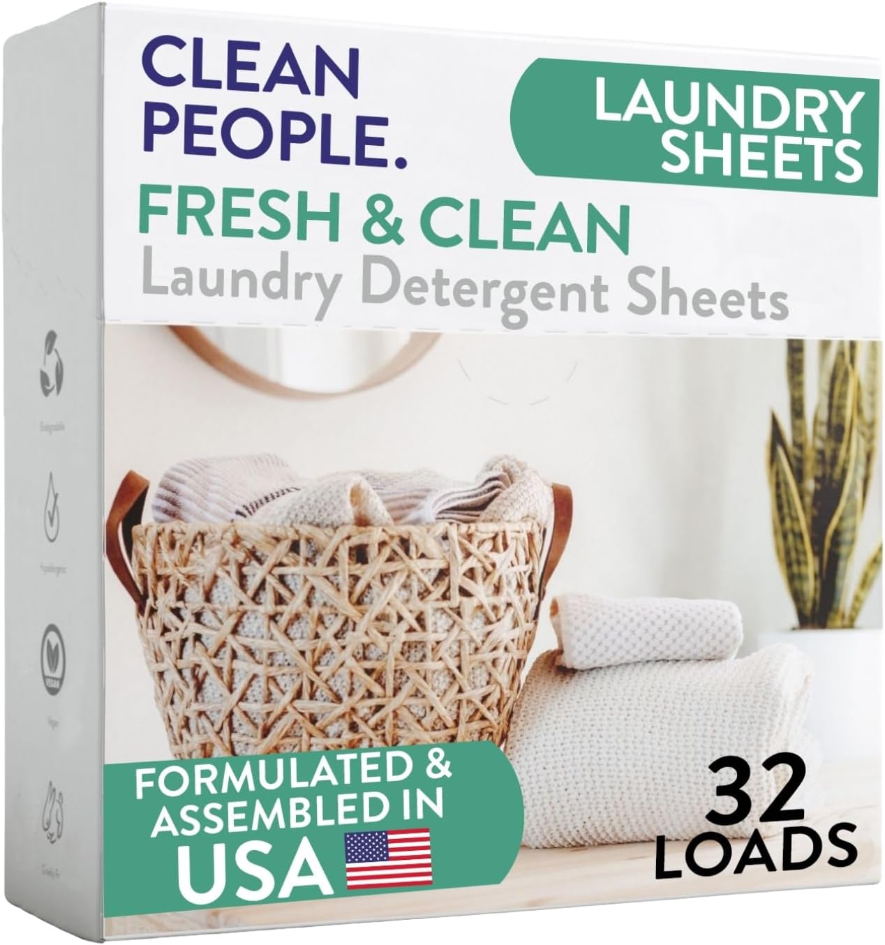 The Clean People Laundry Detergent Sheets - Laundry Soap - Ultra Concentrated, Recyclable Packaging, Stain Fighting - Fresh Scent, 32 Pack