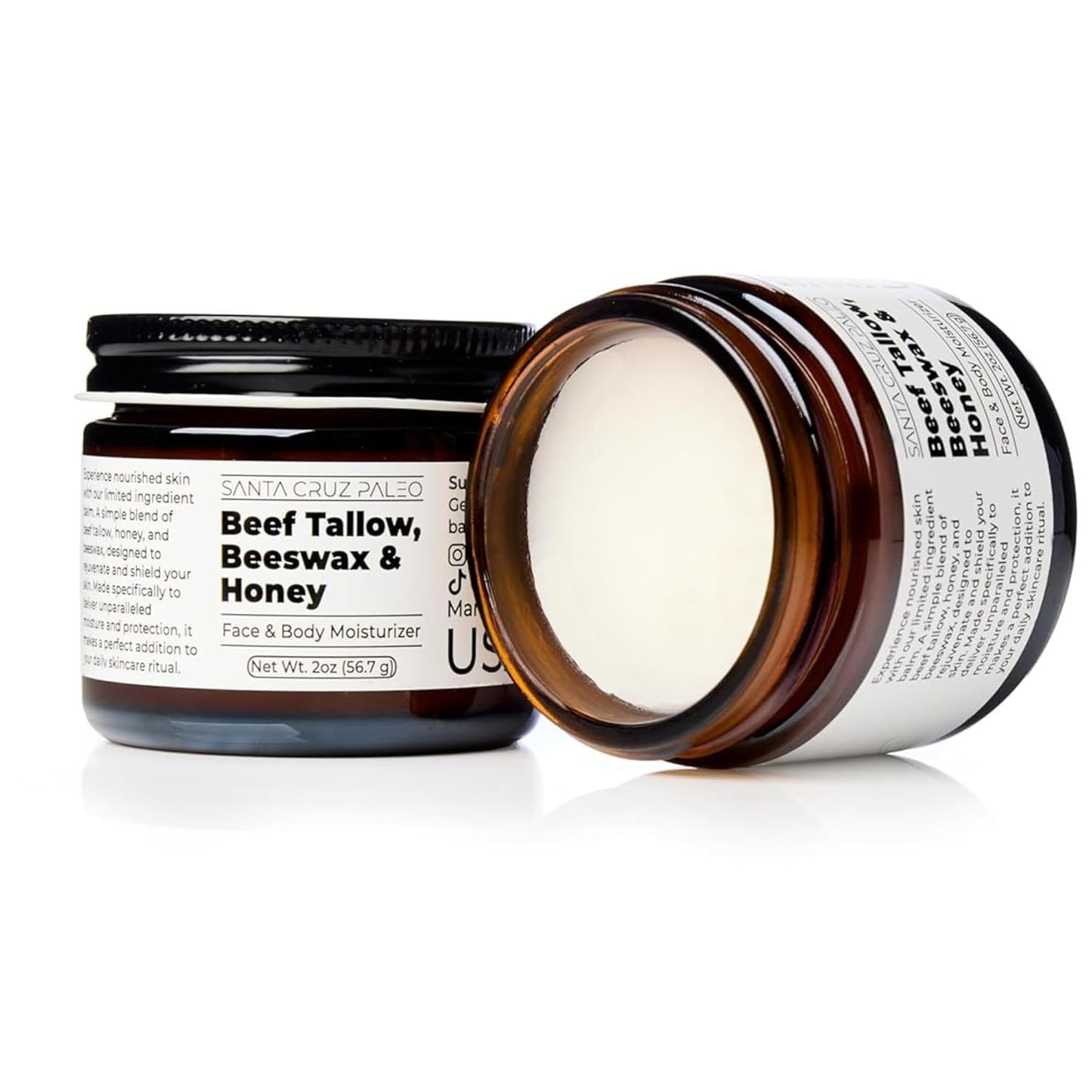 Santa Cruz Paleo, Beef Tallow, Beeswax & Honey Face Moisturizer, Organic, Unscented Grassfed Beef Tallow Skin Care, Sunscreen Free, Non Comedogenic Face & Body Moisturizer for Sensitive Skin, 2 Oz