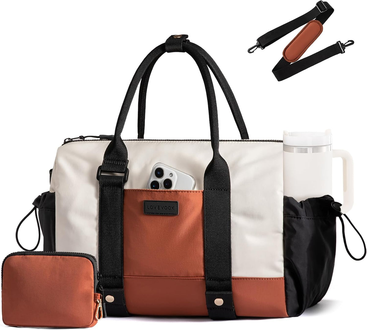 LOVEVOOK Small Gym Bag for Women with Yoga mat Holder, Mini Duffle Bag for Travel with Wet Pocket, Overnight Personal Item Bags (White, 14.5 inch-Small-2Pcs)