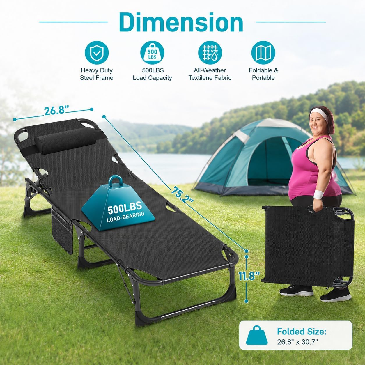 ABORON Heavy Duty Tanning Chair,Outdoor 5-Position Folding Chaise Lounge Chair with Pad,Portable Beach Lounge Chair for Outdoor Sunbathing Patio Pool Lawn Deck Poolside
