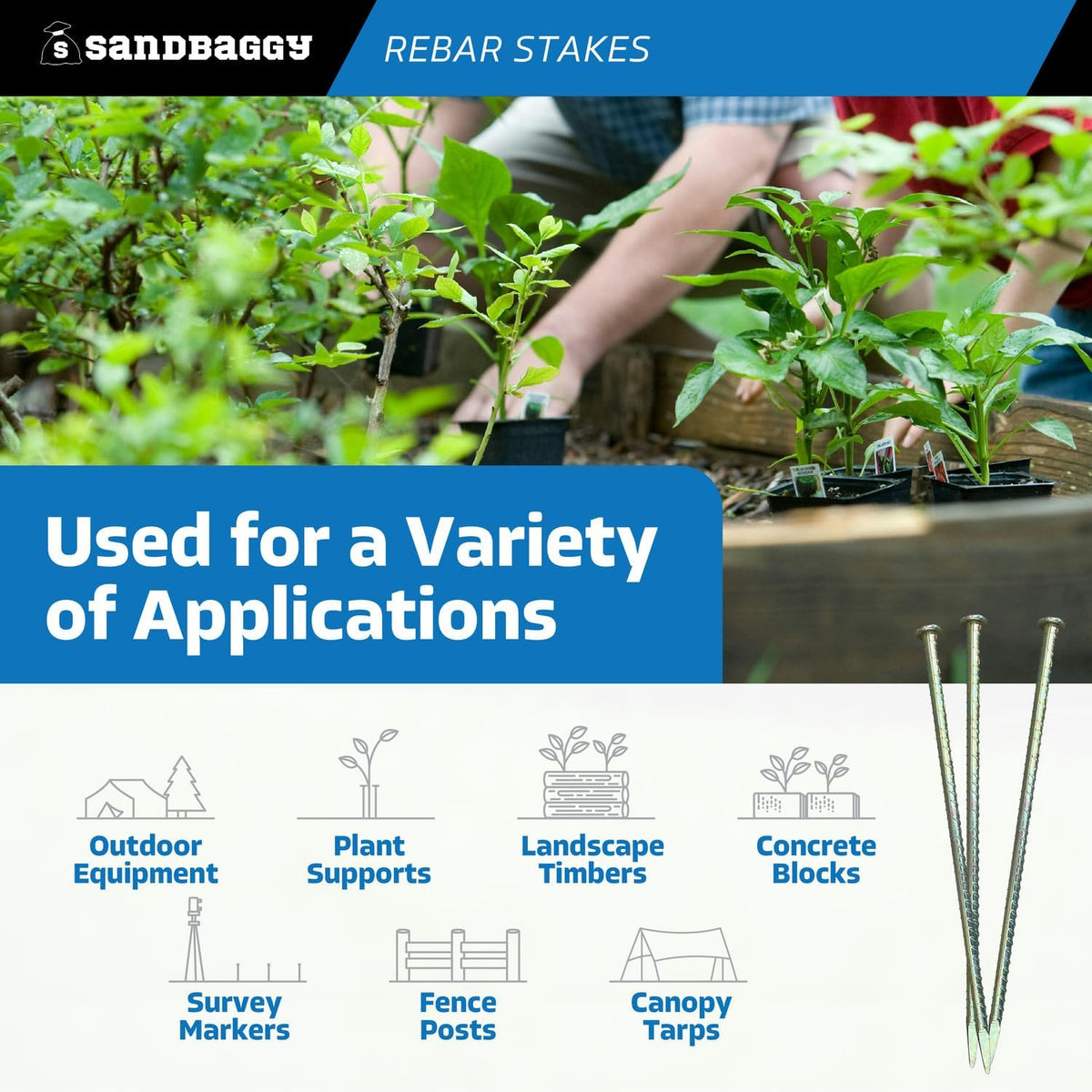 Sandbaggy 16" Galvanized Steel Rebar Stakes with Nail Head - Garden Stakes (#4 Rebar - 1/2" Diameter) - l-Shape - Ground Stake, Pins, Landscaping Spikes, Construction (150, Count)