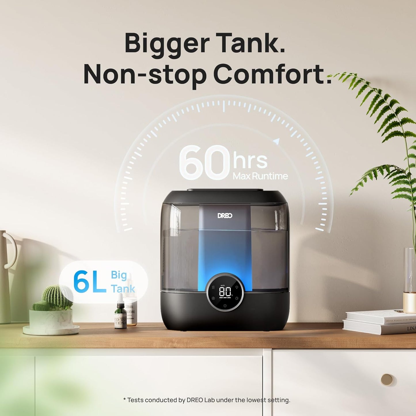 DREO Smart Humidifiers for Bedroom, 6L Top Fill Supersized Cool Mist Humidifier for Large Room, 60 Hour Runtime, Quiet Ultrasonic Humidifier for Plants, Indoor, Home, Night Light, Black