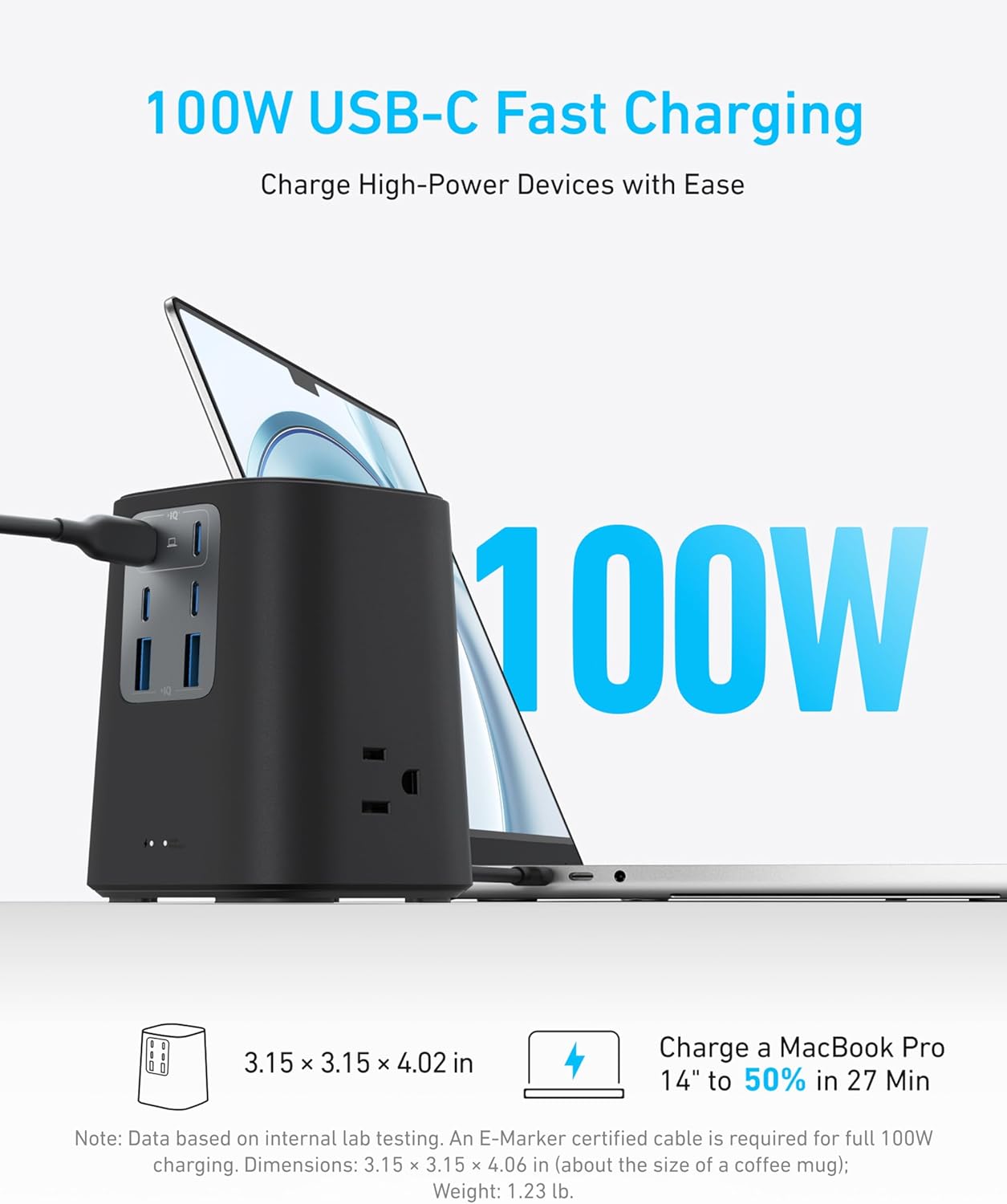 Anker Desktop Charger, 9-in-1 Power Strip with 300J Surge Protector, 5ft Flat Plug Extension Cord with Multiple Devices, 100W USB C Charger with 3 AC, 2 USB A, 4 USB C, Home Office, Desk Accessories