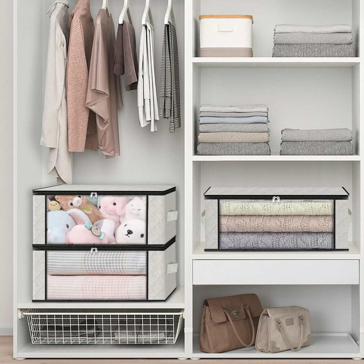 HomeHacks Storage 3-Pack Clothes Organizer Storage Bags Foldable Storage Box with Large Clear Window Sturdy Handles for Closet, Dorm, Pillows, Bedding, Clothes, Blankets, 35L, Ivory