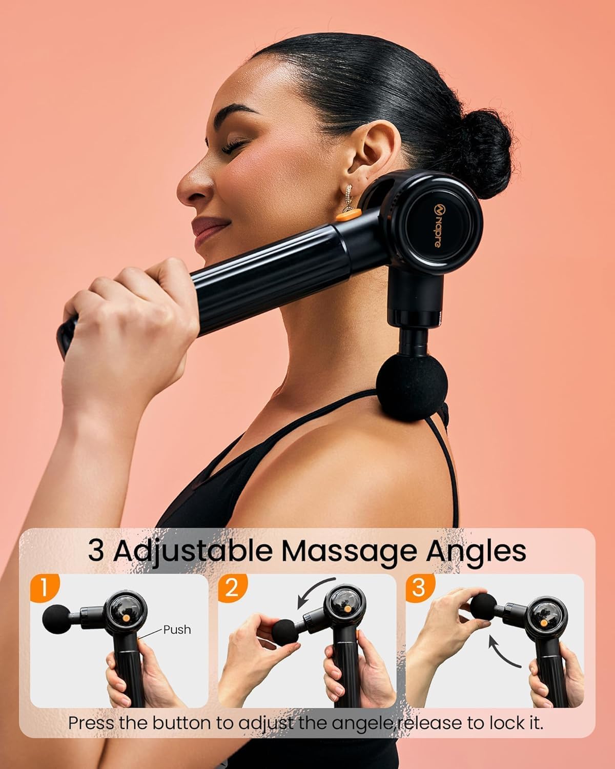 NAPRE Massage Gun,Massage Gun Deep Tissue with Extension Handle & 3 Adjustable Angles,Handheld Percussion Back Massager for Muscle/Neck/Body Pain Relief,6 Heads,Black
