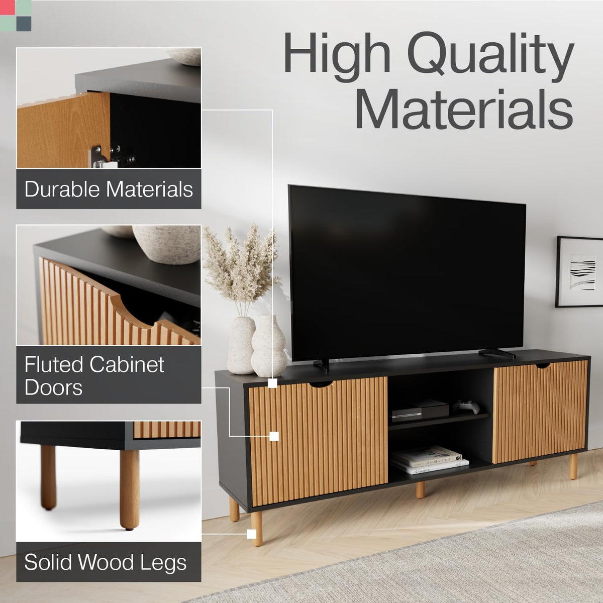 Stead Modern Fluted TV Stand & Media Console - 70-Inch, Fluted Black & Oak - Entertainment Center for 32-80-Inch Screens with Soft-Close Doors & Cord Management