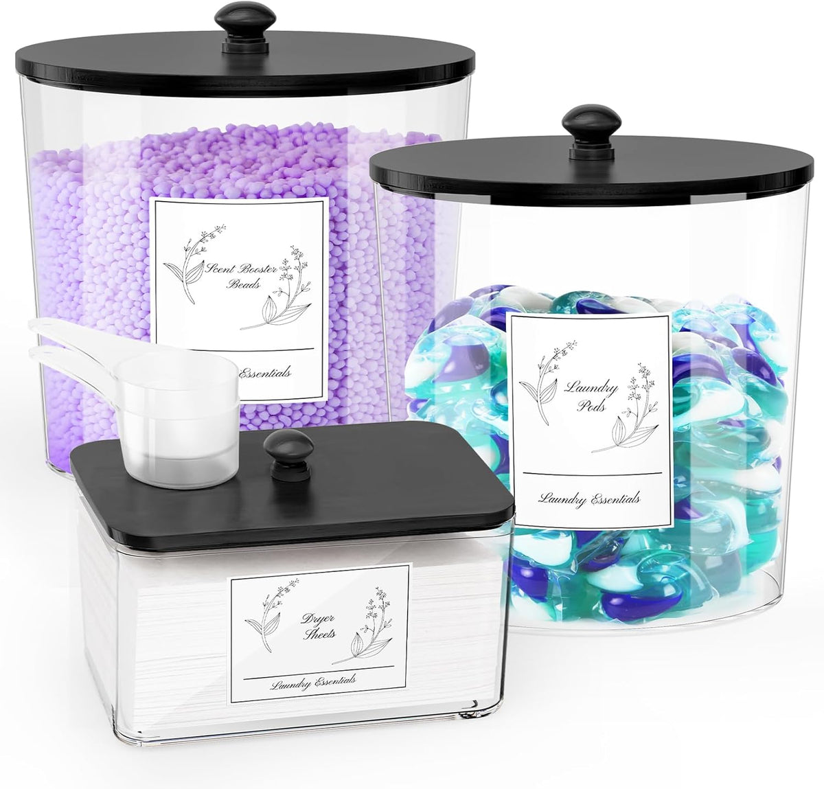 COAZEX 3 Pack Laundry Powder Container & Dryer Sheet Holder, Plastic Laundry Room Organization and Storage Jars with Lids, Labels & Scoops for Powder, Detergent, Scent Booster (Black Lid)