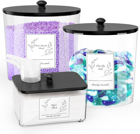 COAZEX 3 Pack Laundry Powder Container & Dryer Sheet Holder, Plastic Laundry Room Organization and Storage Jars with Lids, Labels & Scoops for Powder, Detergent, Scent Booster (Black Lid)