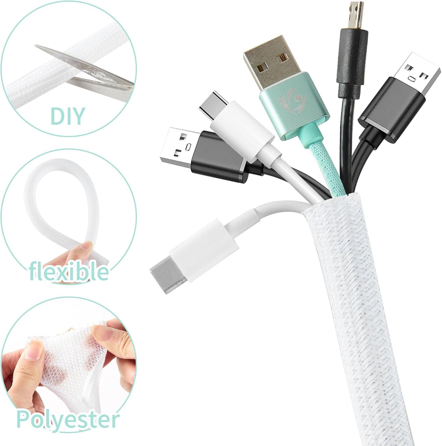 Split Wire Loom 1/2 Inch 25ft, Braided Cable Sleeve for Cable Management, Cord Protector for Pets, TV, Desk & Automotive, White