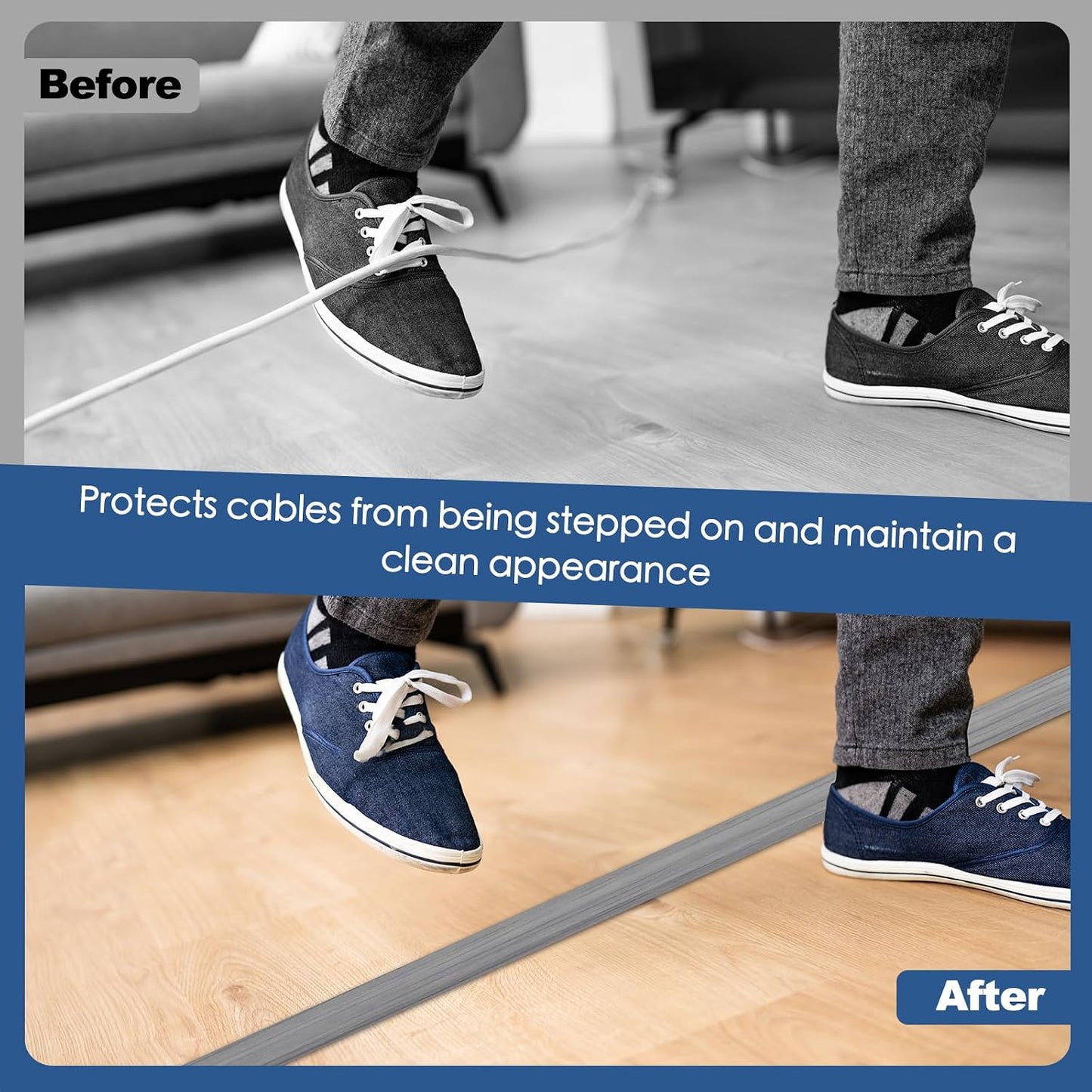 Floor Cord Cover for Wires on Floor Self Adhesive Cord Hider | Floor Cable Cover Floor Wire Covers for Cords Prevent Cable Trips, Cord Cavity W 0.32" x H 0.32", Gray Wood, 20Ft