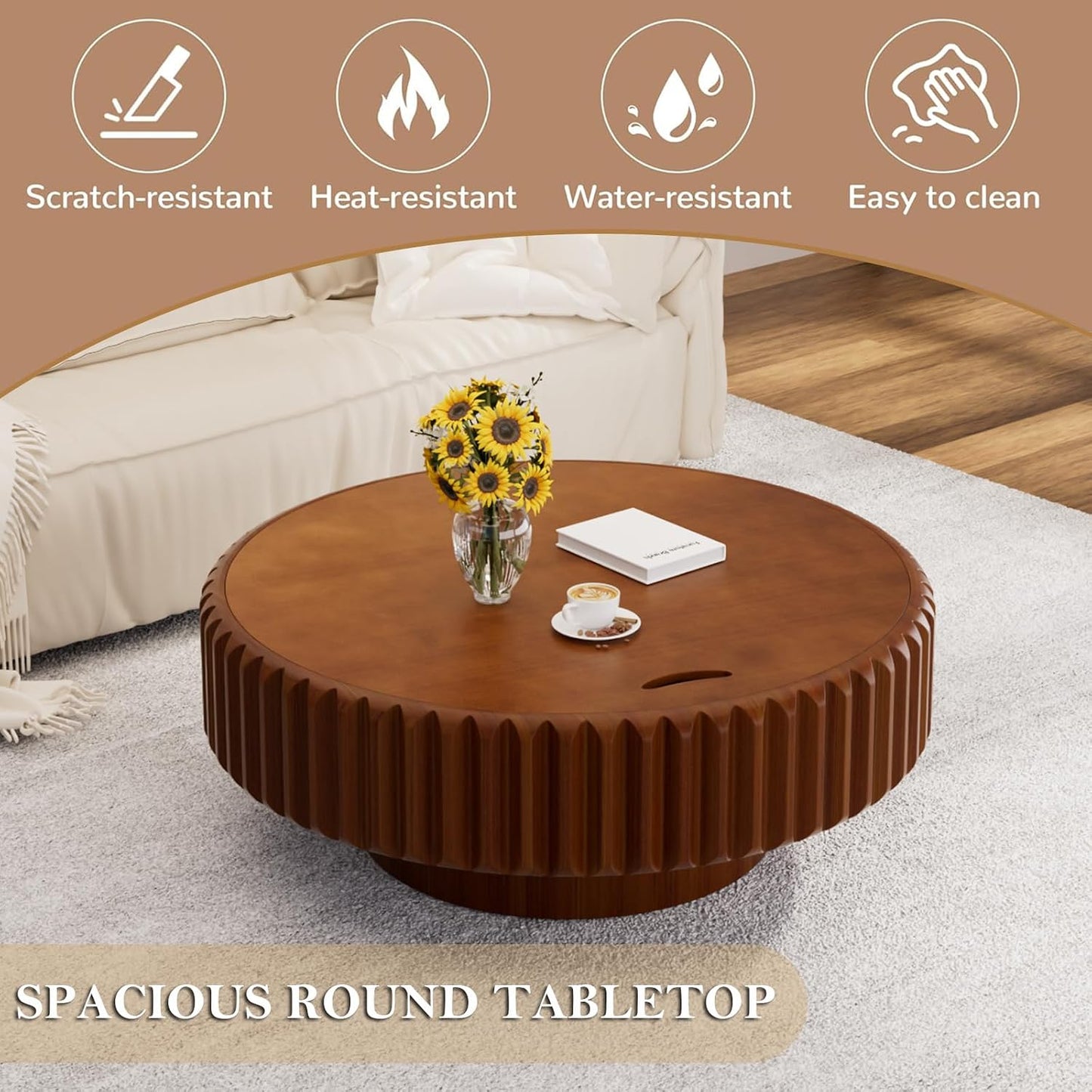 31.5" Round Drum Fluted Coffee Table (L31.5IN) | Mid-Century Modern, Easy Assembly, Sturdy Pedestal, Center Tables for Apartment Living Room
