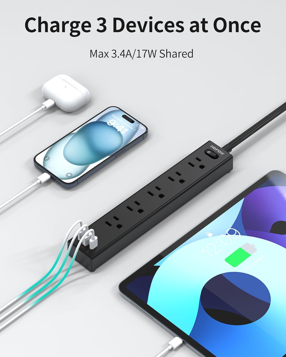 HOPOW Flat Plug Power Strip, 6 Ft Ultra Thin Extension Cord, Surge Protector with 5 Outlets & 3 USB Ports (2 USB C), 1700 Joules, Wall Mount, Desktop Charging Station for Home Office Dorm, Black