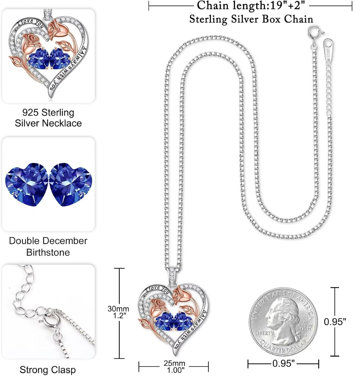 Iefil Birthstone Necklace for Women - Rose Heart Necklace