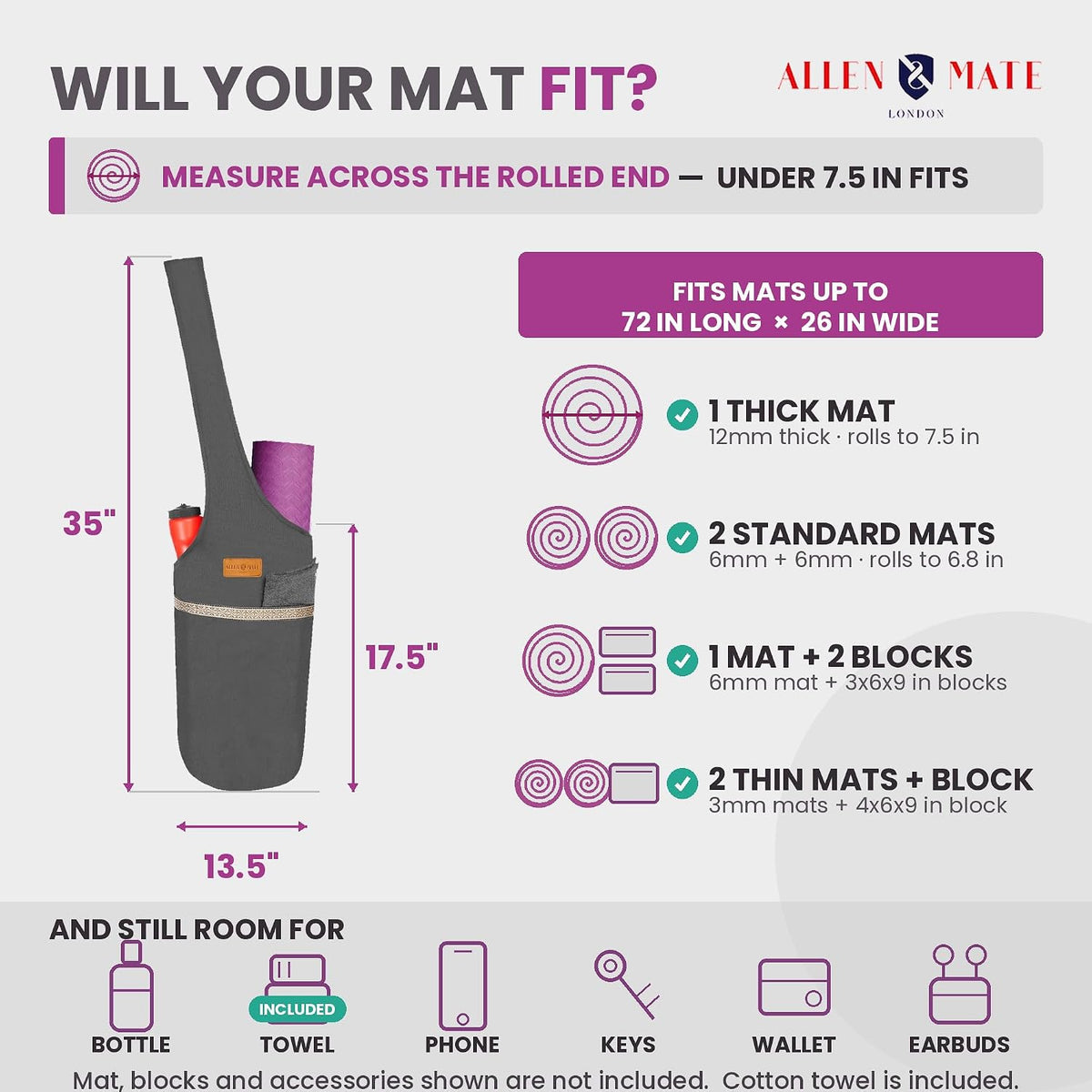 ALLEN & MATE 100% Cotton Canvas Yoga Mat Bag, Fits Mats up to 72 In Long and 7.5 In Thick, Wide Shoulder Strap, Zip Pocket, Blue Stripe