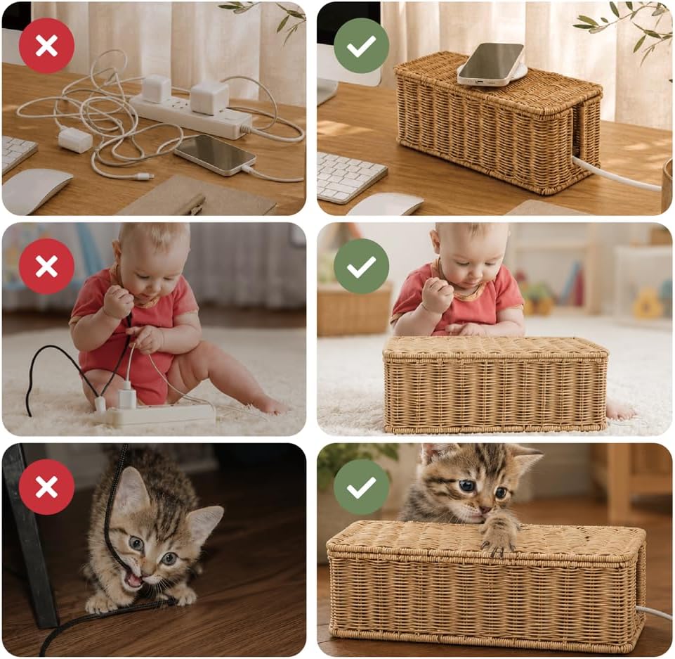 Cable Management Box, Handmade Rattan Cord Organizer for Power Strip | Open Slots Cord Hider for Power Strip, Router & USB Hub, Registered U.S. Design Patent