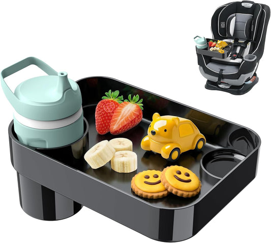 Car Seat Snack Tray for Toddlers - 3 Inch Cup Holder Fits Most Sippy Cups & Straw Bottles with Dip Well, Mess-Free Square Kids Travel Tray Road Trip Essentials, Black