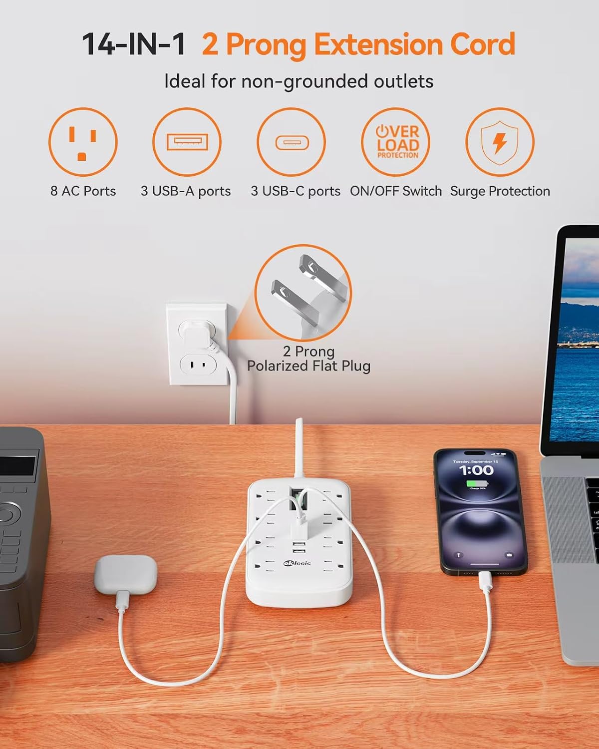2 Prong Power Strip, 3 to 2 Prong Outlet Adapter, 1700J 2 Prong Surge Protector 5ft Extension Cord with Thin Flat Polarized Plug, 8 AC & 6 USB, Wall Mount for Non-Grounded Outlet, Ideal for Old House