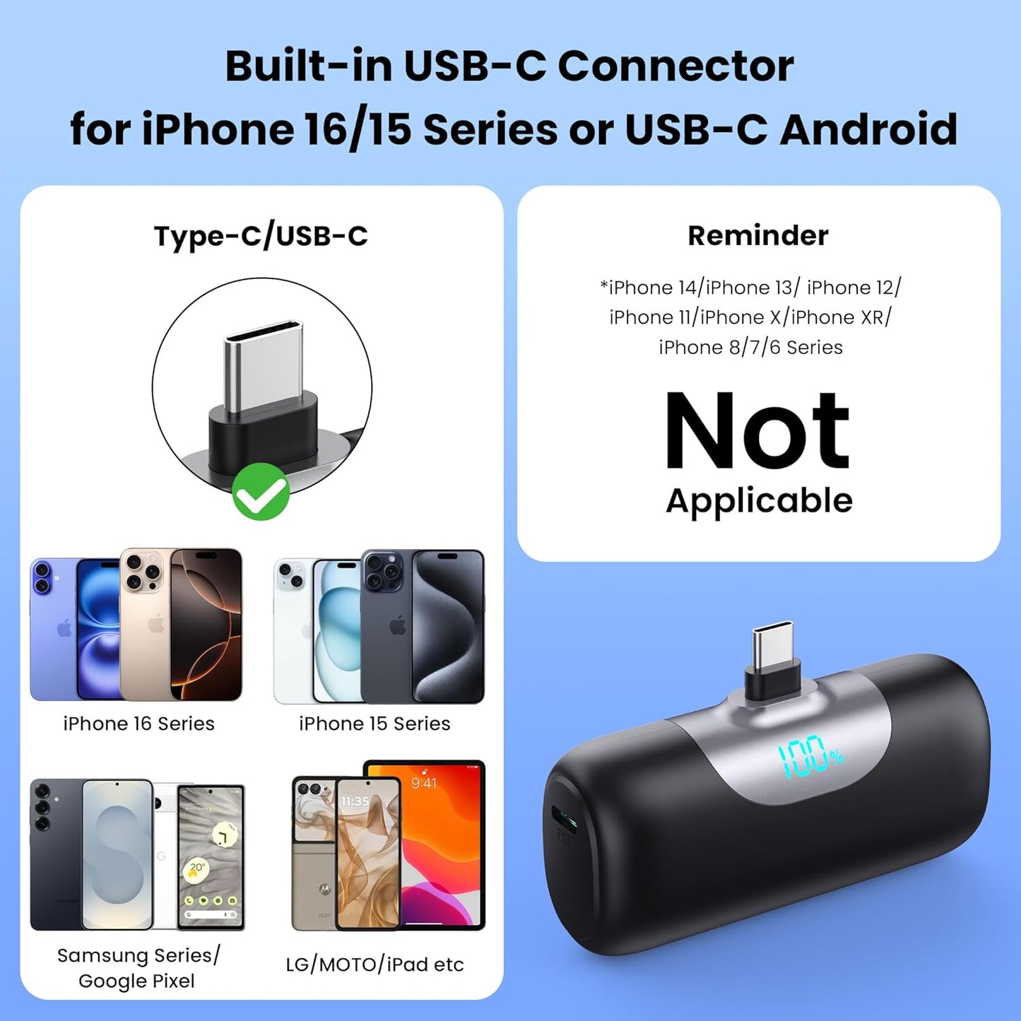 Mini Portable Charger for iPhone 17/16/15 Series,Upgraded 5500mAh PD Fast Charging USB-C Power Bank,Travel Pocket Size Portable Phone Charger for iPhone17/17Pro/17Pro Max/Air/16/15,Samsung,Android etc