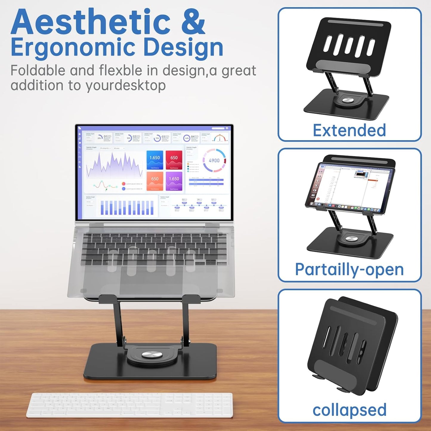 Laptop Stand for Desk Adjustable Computer Stand with 360 Rotating Base Ergonomic Laptop Riser Mount for Desk Foldable Protable Computer Desk Fits with MacBook Pro Air,