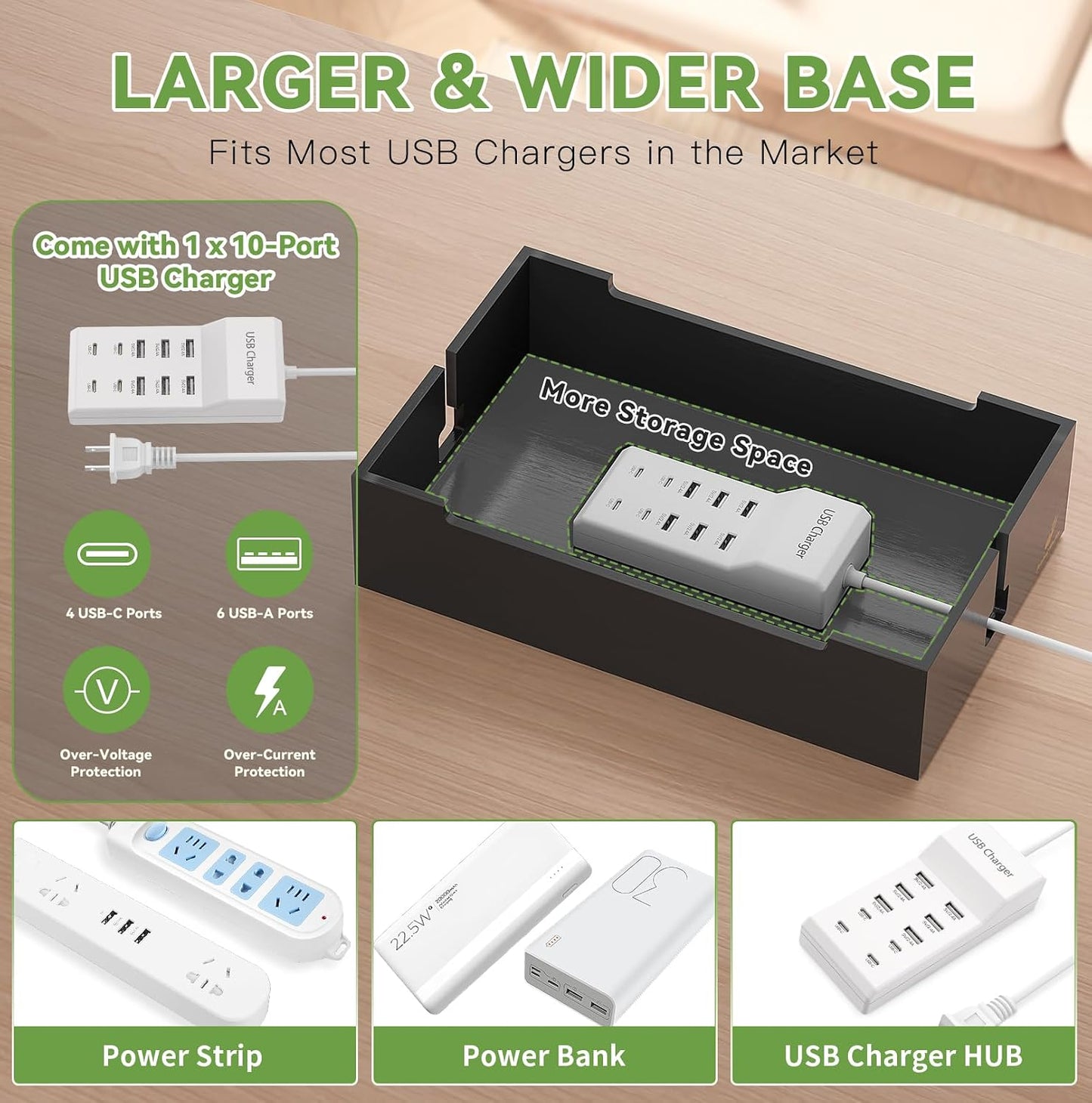 Pezin & Hulin Bamboo Charging Station for Multiple Devices-Natural+Black | USB Charger Dock Organizer, with Power Supply (10 Ports HUB), 6 Cables, Cable Management Organizer for Cell Phones, Tablet