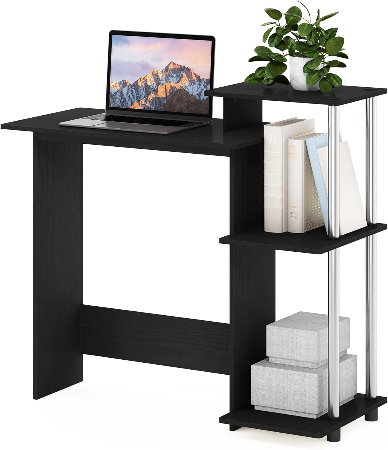 Furinno EFFICIENT Desk, 28.6" Wide Gaming Desk with 3 Open Side Shelves, Laptop Notebook Computer Desk, Office Desk for Home Office, Study Room, Dorm, Bedroom, Americano/Stainless Steel