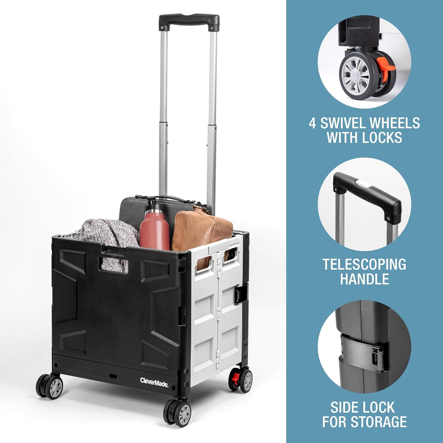 CleverMade Collapsible Crate on Wheels with Handle (35L, 4-Wheel) – Collapsible Rolling Cart with Lid, Foldable Utility Cart for Teachers, Groceries, Travel, Office Storage – Holds 75 lbs, Cool Gray