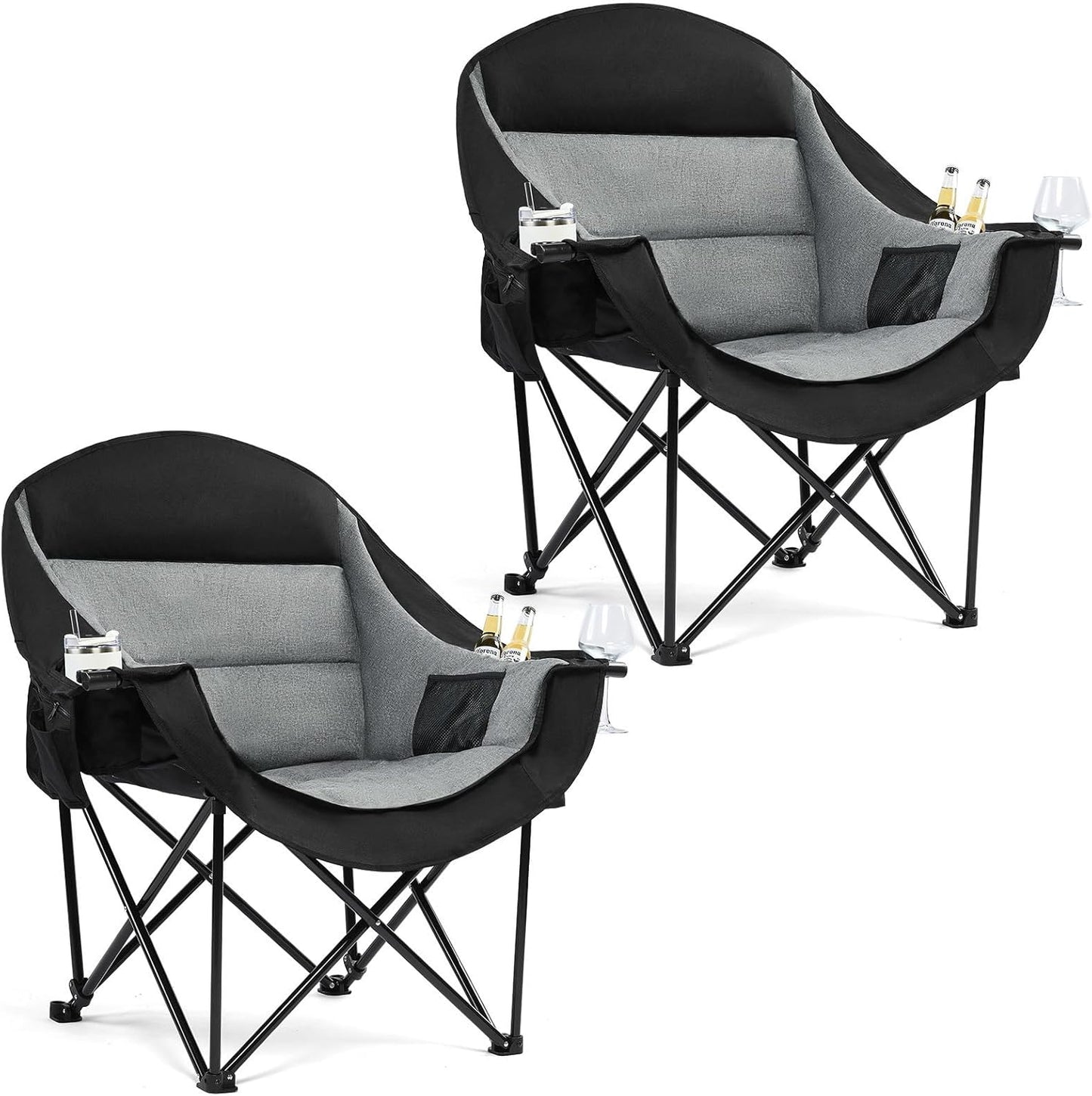 Oversized Camping Chair for Adults - Heavy Duty Outdoor Padded Large Lawn Camp Chair with Cup Holder Cooler Pockets for Sports Beach Fishing Garden Portable Supports 500lbs, Black/Grey 2 Pack