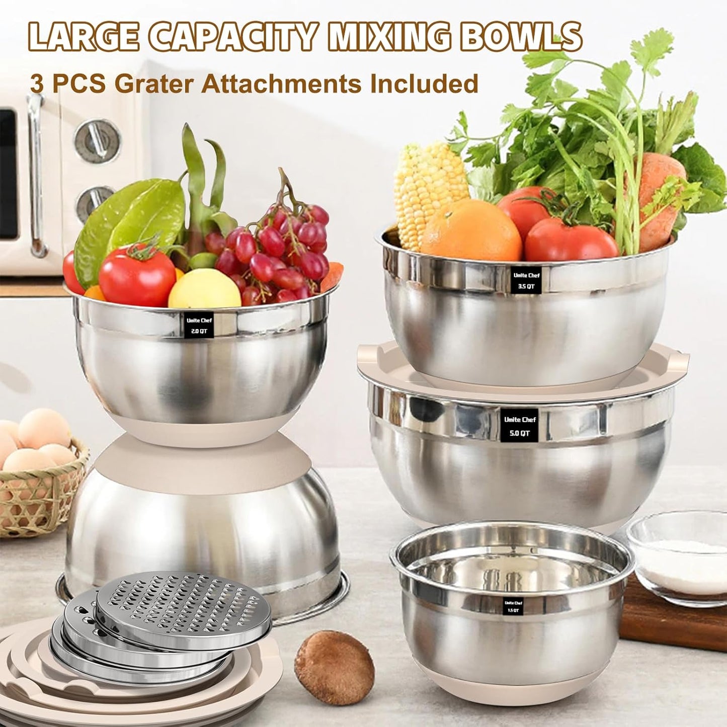 Umite Chef Mixing Bowls with Airtight Lids Set, 8PCS Stainless Steel Nesting Bowls with Grater Attachments, Non-Slip Bottoms, 5, 4, 3.5, 2, 1.5QT for Mixing & Serving