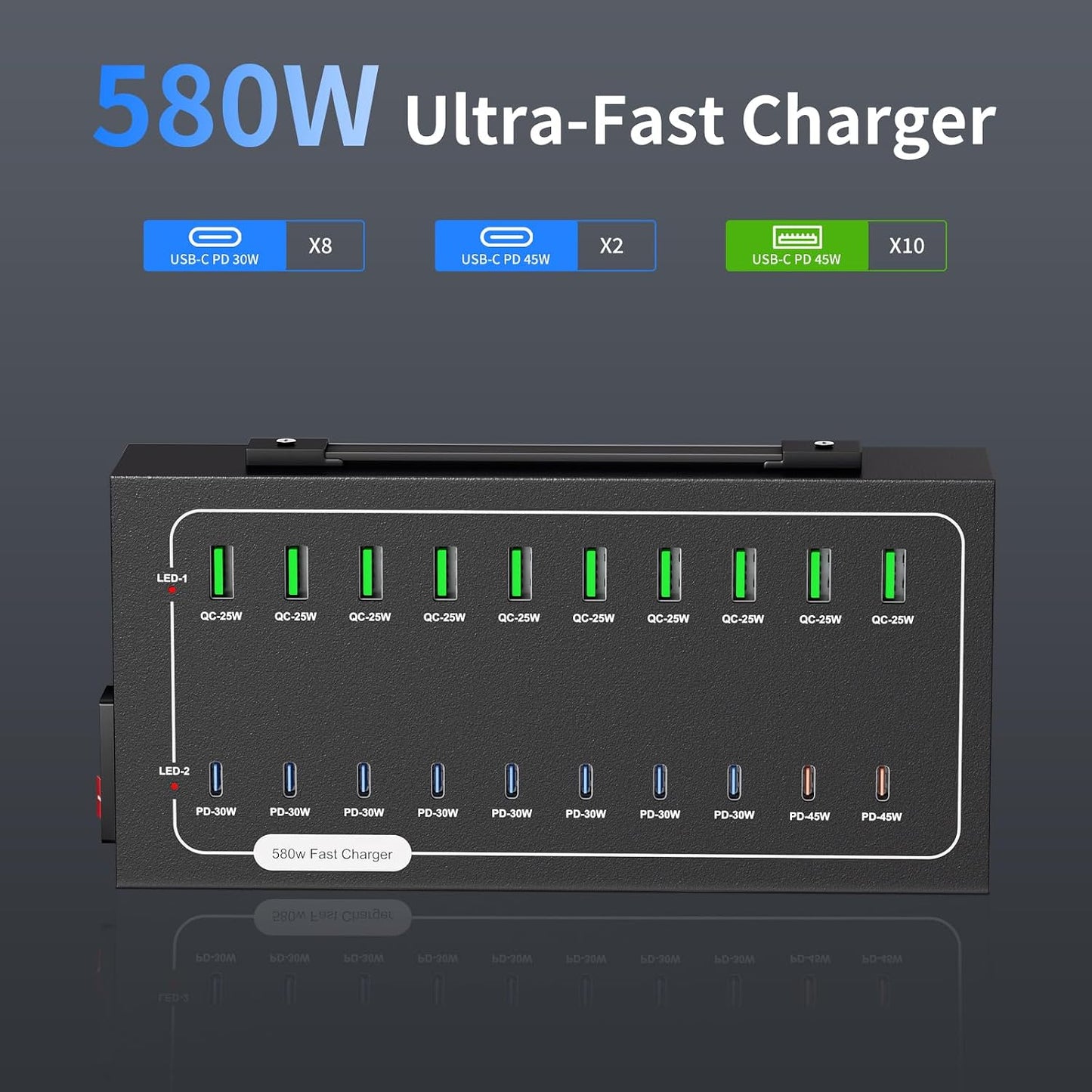 580W USB Charging Station, 20 Port (10 PD+10 QC) USB C Charger Block, Fast Charging Station for Multiple Devices with Smart Power Delivery for iPhone, iPad, Tablet and More