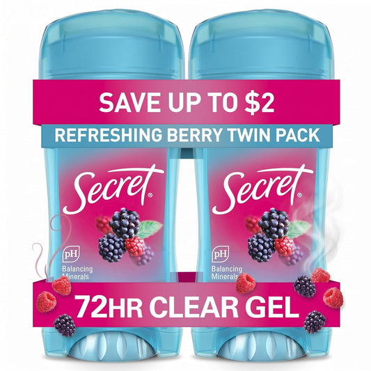 Secret Fresh Antiperspirant Deodorant for Women, 72hr Breathable Sweat & Odor Protection, Instant Freshness & Gentle, PH Balancing Minerals, Clear Gel, Refreshing Berry Scent, 2.6 oz (Pack of 2)