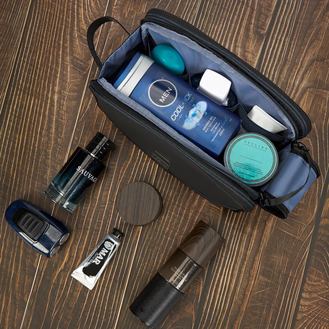 ZEEMO Travel Toiletry Bag for Men, Medium Water-Resistant Double-Sided Full-Open Dopp Kit, Versatile Organizer for Shower and Hygiene Accessories, Bathroom Essentials, Cosmetics, Black and Blue