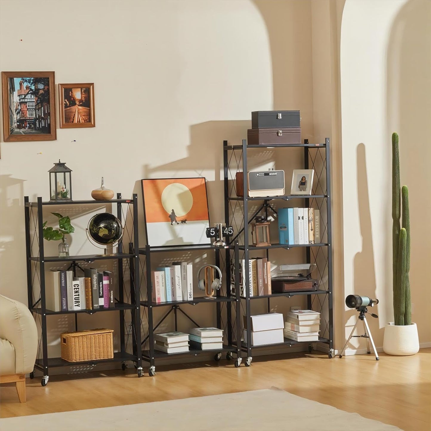 DEANIC 4 Tier Foldable Storage Shelves with Wheels, No Assembly Organizer Rack for Garage Kitchen, Basement, Pantry,Perfect for Craft Shows & Vendor Events(Black)
