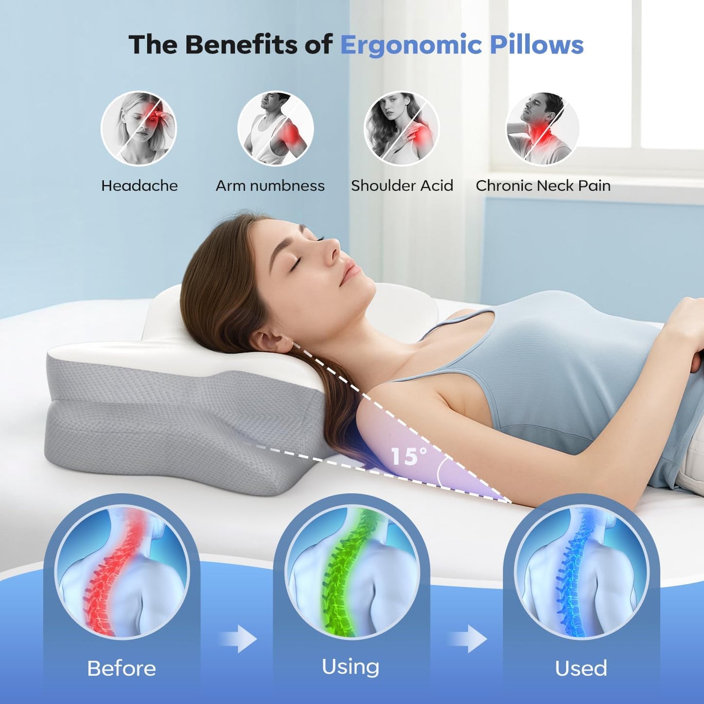 Cervical Neck Pillow, Ergonomic Memory Foam Pillows for Neck Pain Relief with Breathable Pillowcase, Adjustable Contour Neck Support Pillow for Side Back Stomach Sleepers, Odorless