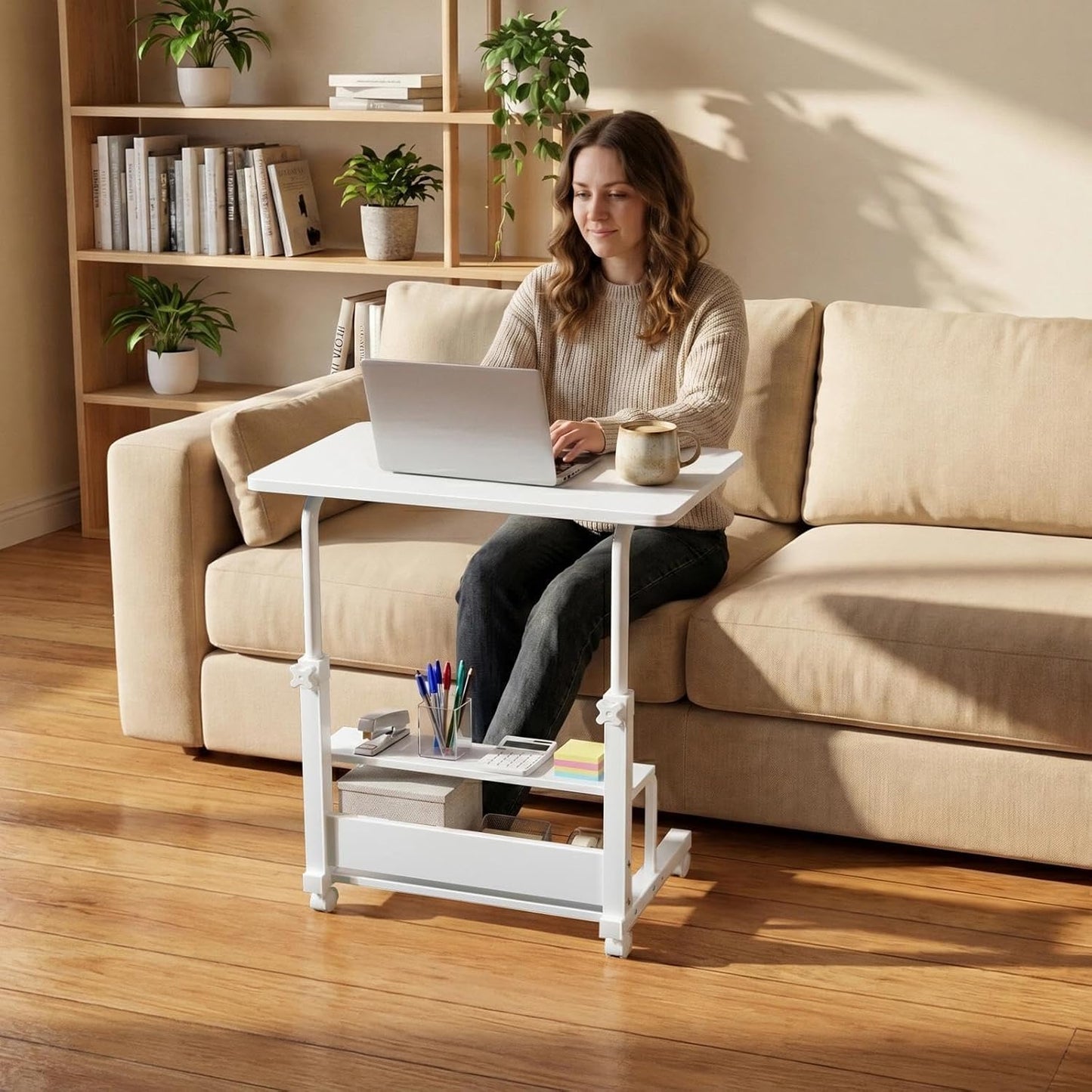 WINAZ Small Portable Laptop Rolling Desk - 32" Mobile Kids Desk with Wheels for Small Spaces, White，31.5"