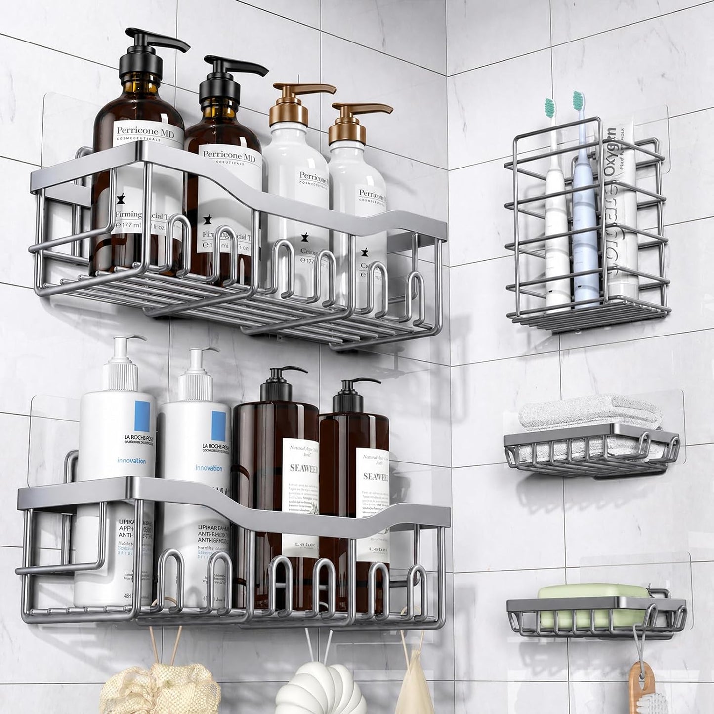 EUDELE 5-Pack Rustproof Stainless Steel Shower Caddy – No Drill Adhesive Bathroom Organizer with Large Capacity, Spacious Shower Shelves for Inside Shower, Kitchen & Home Decor Storage-XL Size