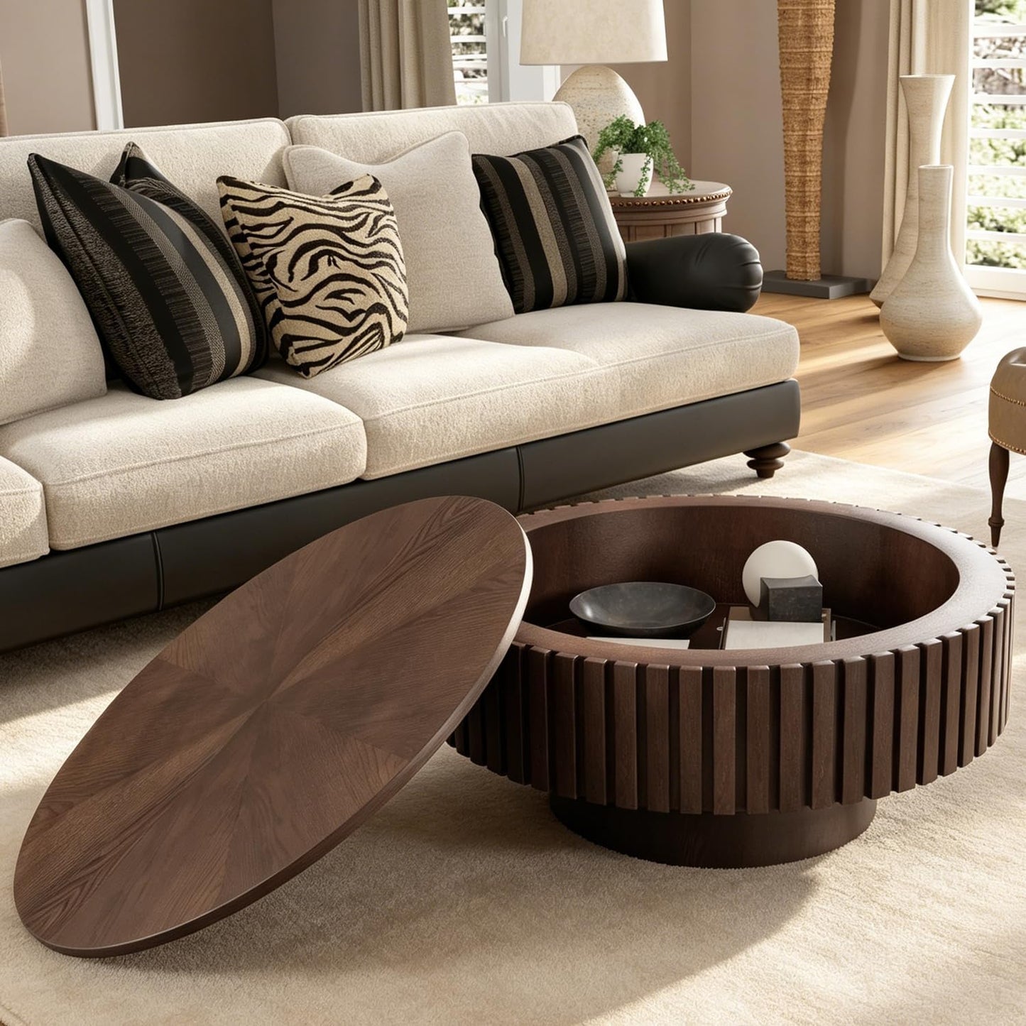 31" Brown Round Coffee Table with Storage (G, 1PC) | For Living Room, Circle Drum Wood Fluted Coffee Table with Flip-Top Lid, Farmhouse Modern, For Small Spaces, Easy Assembly