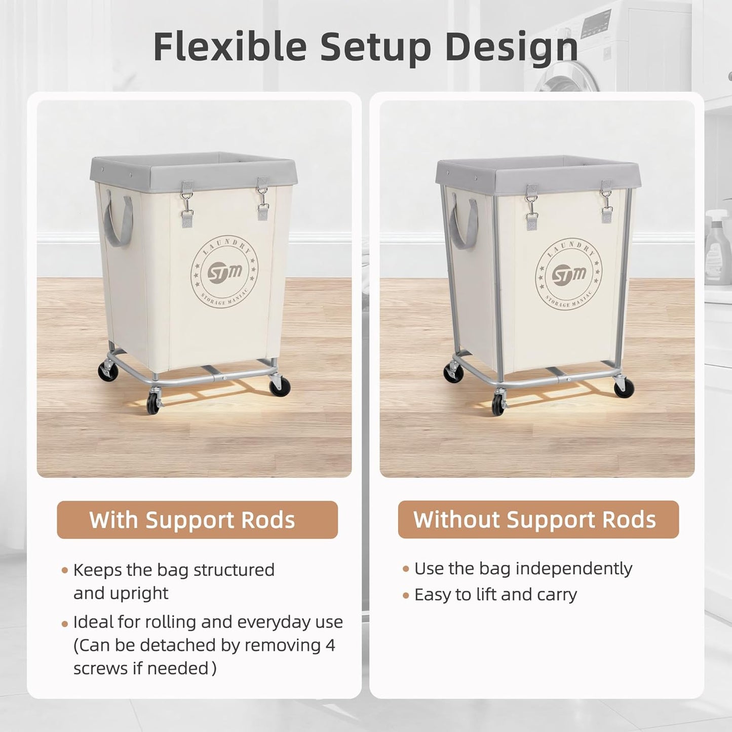 STORAGE MANIAC Commercial Laundry Hamper with Heavy Duty Steel Frame, 160 L Industrial Laundry Basket Cart with Wheels for Hotel, Home, Laundry Room, 18''L x 18''W x 31''H, Medium Beige