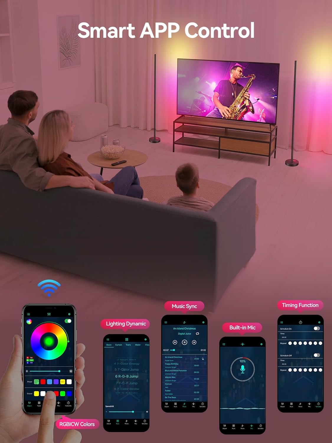 OIYN Smart RGBICW LED Corner Floor Lamp - 16 Million DIY Colors, 68+ Scenes, Music Sync, App & Remote Control, Color-Changing Ambient Lighting for Living Rooms, Bedrooms, and Gaming Rooms