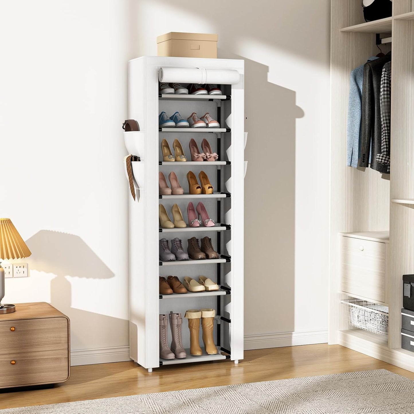 VILICK Shoe Rack with Cover Narrow Shoe Rack Organizer with 4 Side Pockets 10 Tier Tall Shoe Storage Shoe Shelf Holds 18-22 Pairs Shoes and Boots Shoe Rack for Closet, Printing