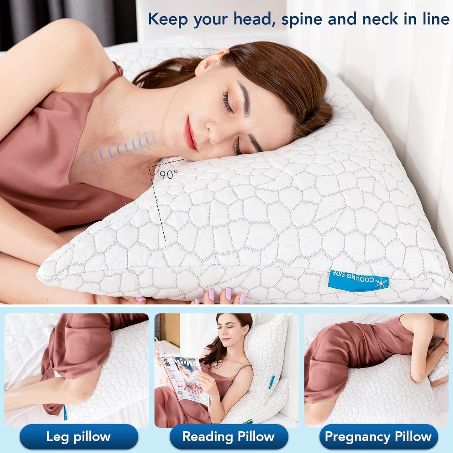 Cooling Pillow Queen Size Set of 2, Adjustable Bed Pillows for Sleeping, Luxury Shredded Memory Foam Side Sleeper Pillows 2 Pack, Cool No Flat Firm Cervical Neck Pillow for Side Sleepers Neck Pain