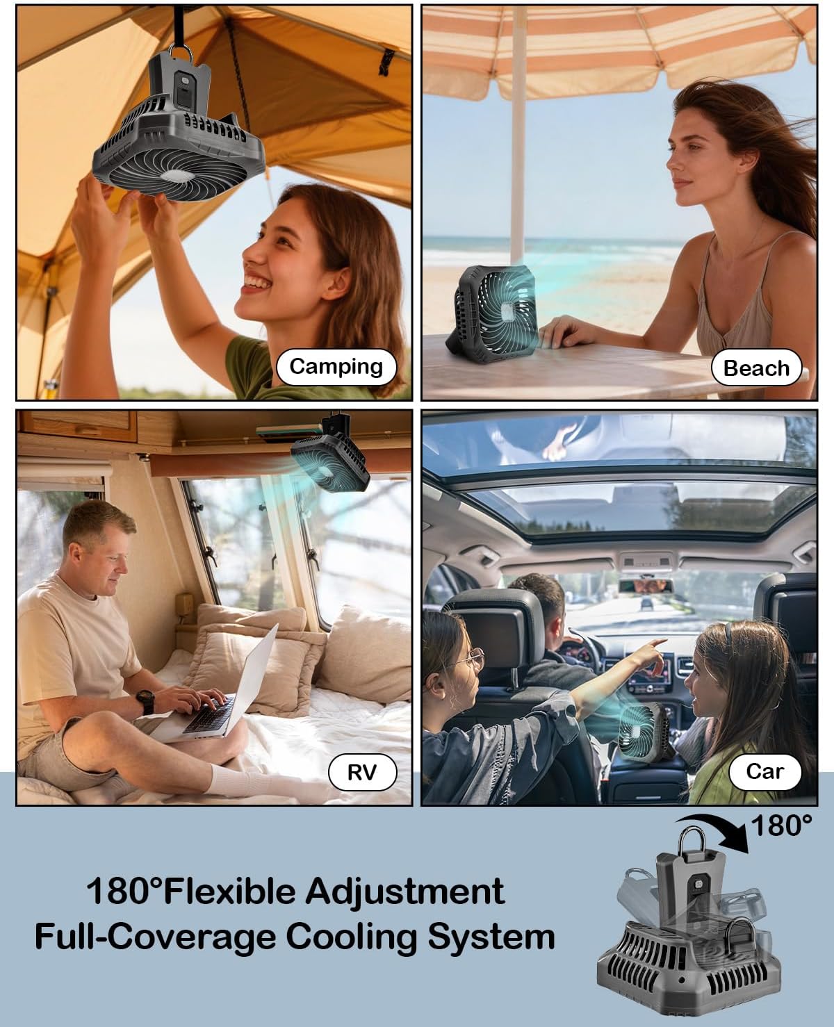 Odoland Portable Camping Fan with LED Lantern, 40H Rechargeable Battery Operated Quiet Tent Fan with Hanging Hook for RV Car Beach Outdoor Hurricane Emergency Outages