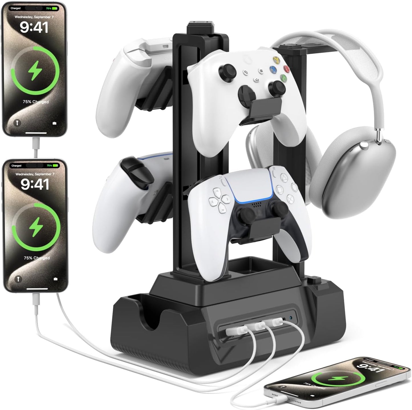 KDD Charging Station for Multiple Devices - 4 Ports Charging Dock with Controller and Headset Stand - 3 USB A & 1 USB C for Cellphone Tablet and Other Electronic - Multi Storage for Gaming Accessories
