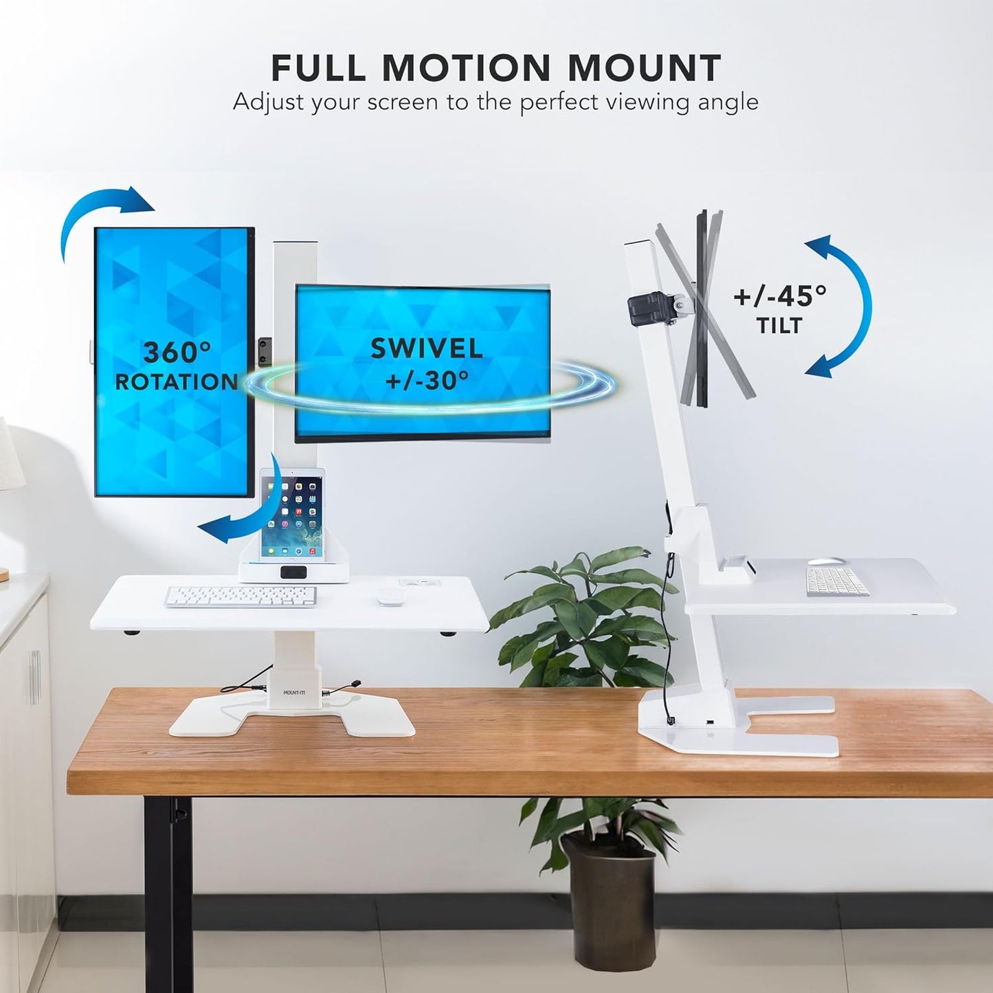 Mount-It! Electric Standing Desk Converter, Motorized Sit Stand Desk Riser with Dual Monitor Mounts, Adjustable Height Ergonomic Workstation with 28” Wide Platform and Tablet/Phone Slot, White
