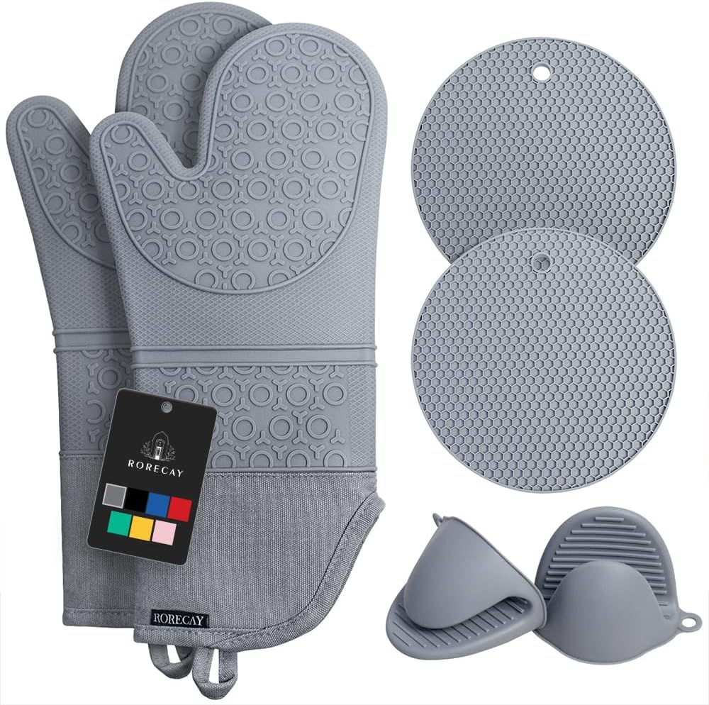 Rorecay 6pcs Oven Mitts and Pot Holders Sets Heat Resistant 500 Degrees, Extra Long Silicone Oven Gloves Non-Slip Potholders Hot Pads for Kitchen Baking Cooking, Quilted Liner, Bermuda Teal