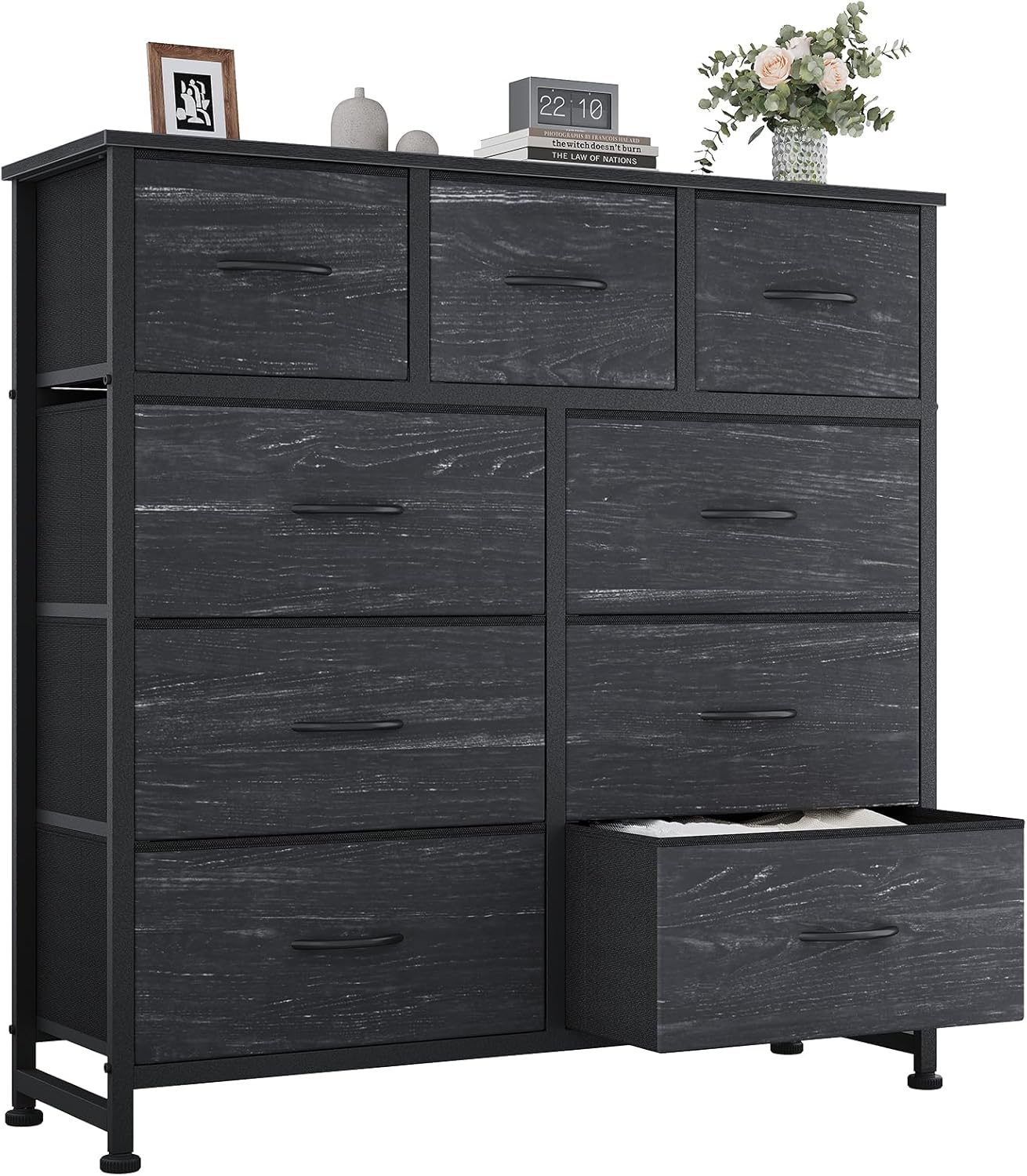 OLIXIS 9 Drawer Storage Dresser with Wood Top - Wide Fabric Chest Organizer for Bedroom, Closet, Living Room,Tower Cabinet, TV Stand, Hallway Entryway Furniture,Black Wood Grain