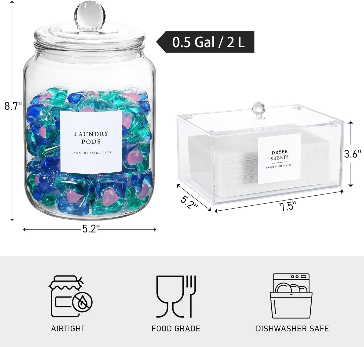 Glass Jars and Dryer Sheet Holder, Dispenser Set with Lids and Labels, Containers for Laundry Room Organization and Storage, Half Gallon Airtight Glass jars, Acrylic Storage Box for Laundry supplies,