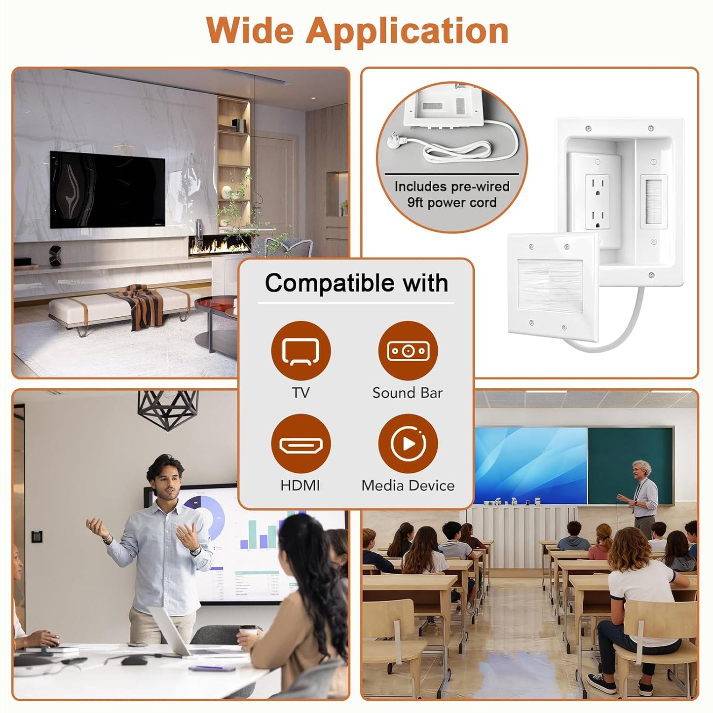 in Wall Cable Management Kit with Recessed Tv Outlet Box-Two-Hole Socket, 9ft Cord,Tv Cable Hider Wall Kit Hider Box Fits All Plugs, Easy, Safe Cable Management